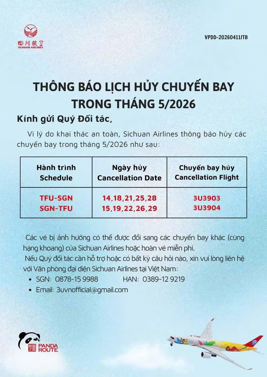 THÔNG BÁO TỪ HÃNG HÀNG KHÔNG SICHUAN ARILINES